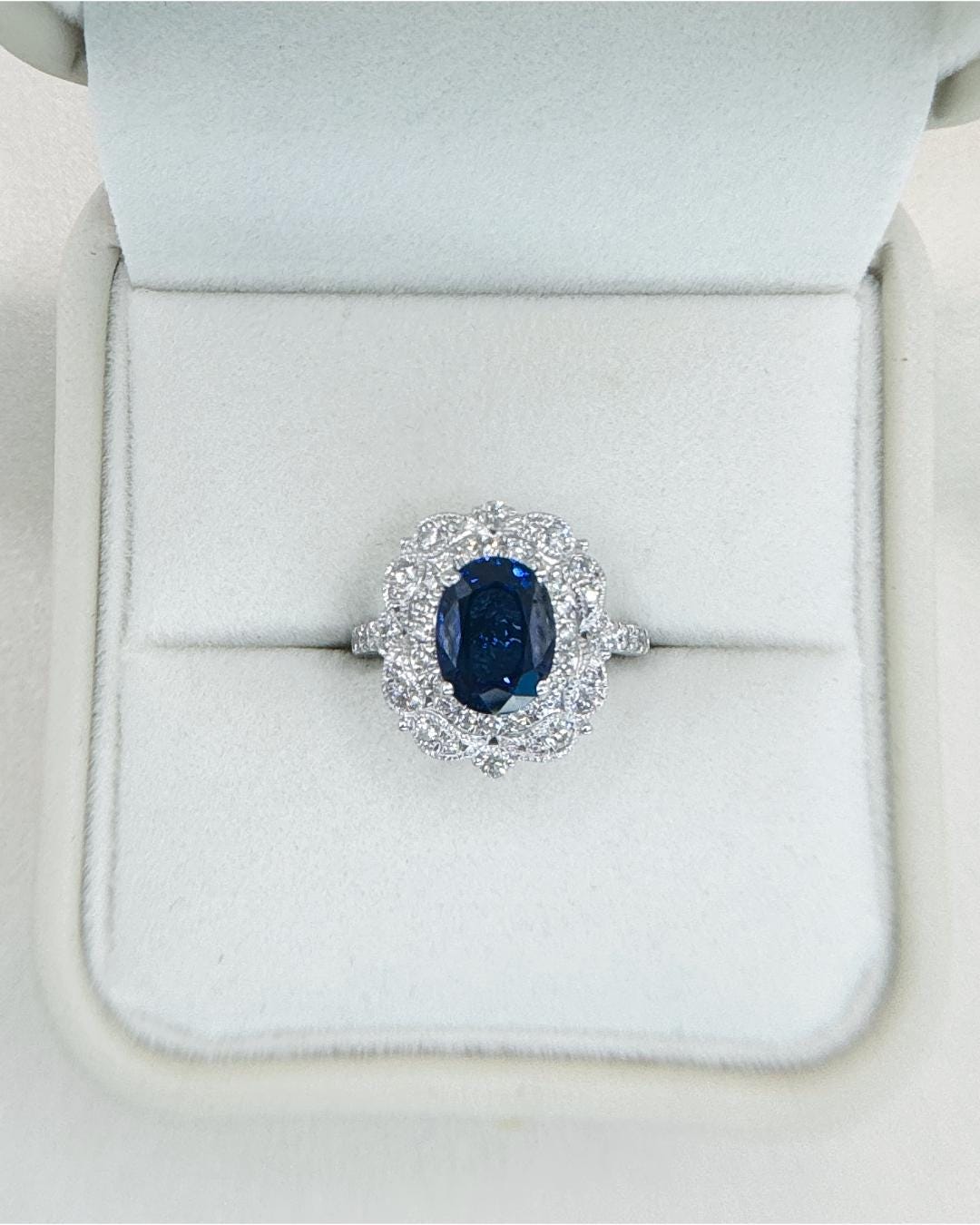 3.72 CTW Sapphire & Diamond Halo Ring | 14K Gold Statement Ring