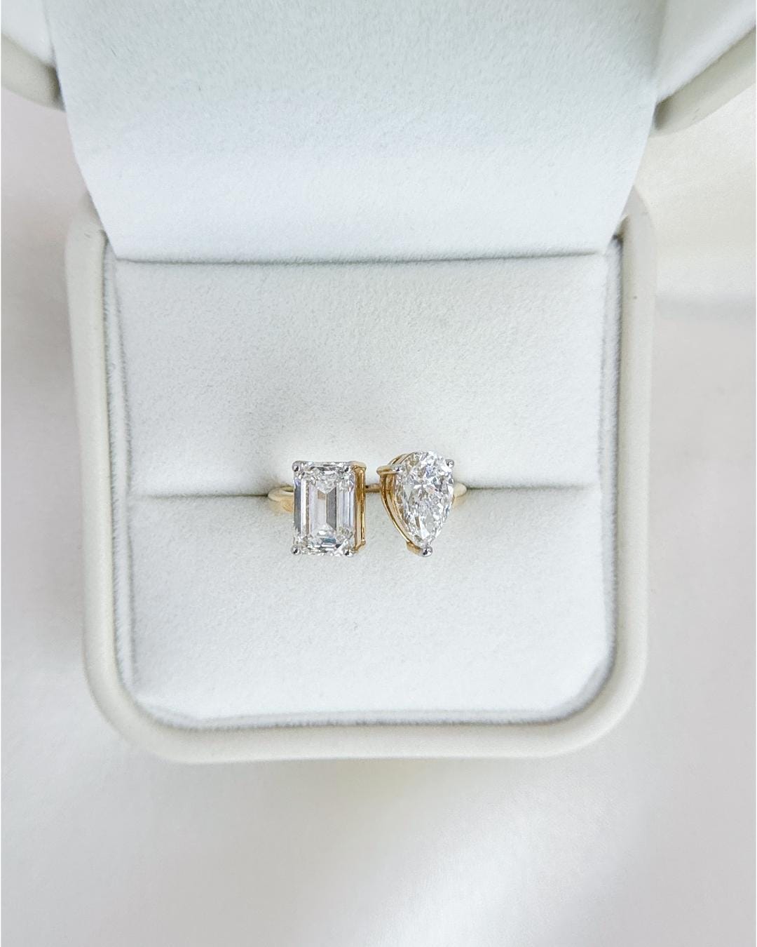 3.56 CTW Lab Grown Diamond Toi et Moi Ring | Pear & Emerald Cut | 14K Gold Open Ring