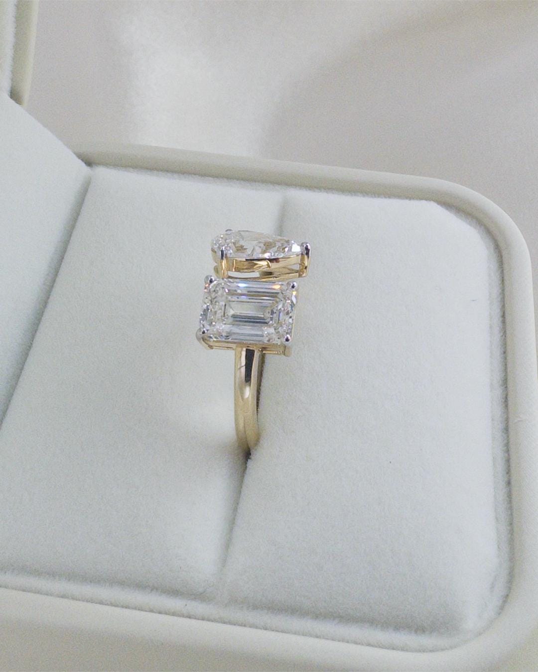 3.56 CTW Lab Grown Diamond Toi et Moi Ring | Pear & Emerald Cut | 14K Gold Open Ring