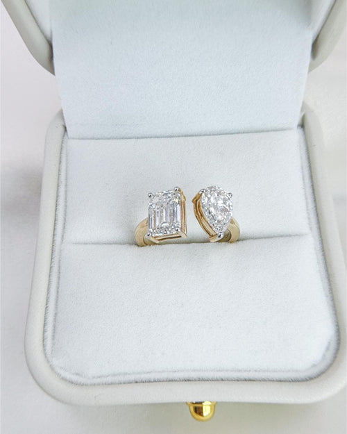 3.56 CTW Lab Grown Diamond Toi et Moi Ring | Pear & Emerald Cut | 14K Gold Open Ring