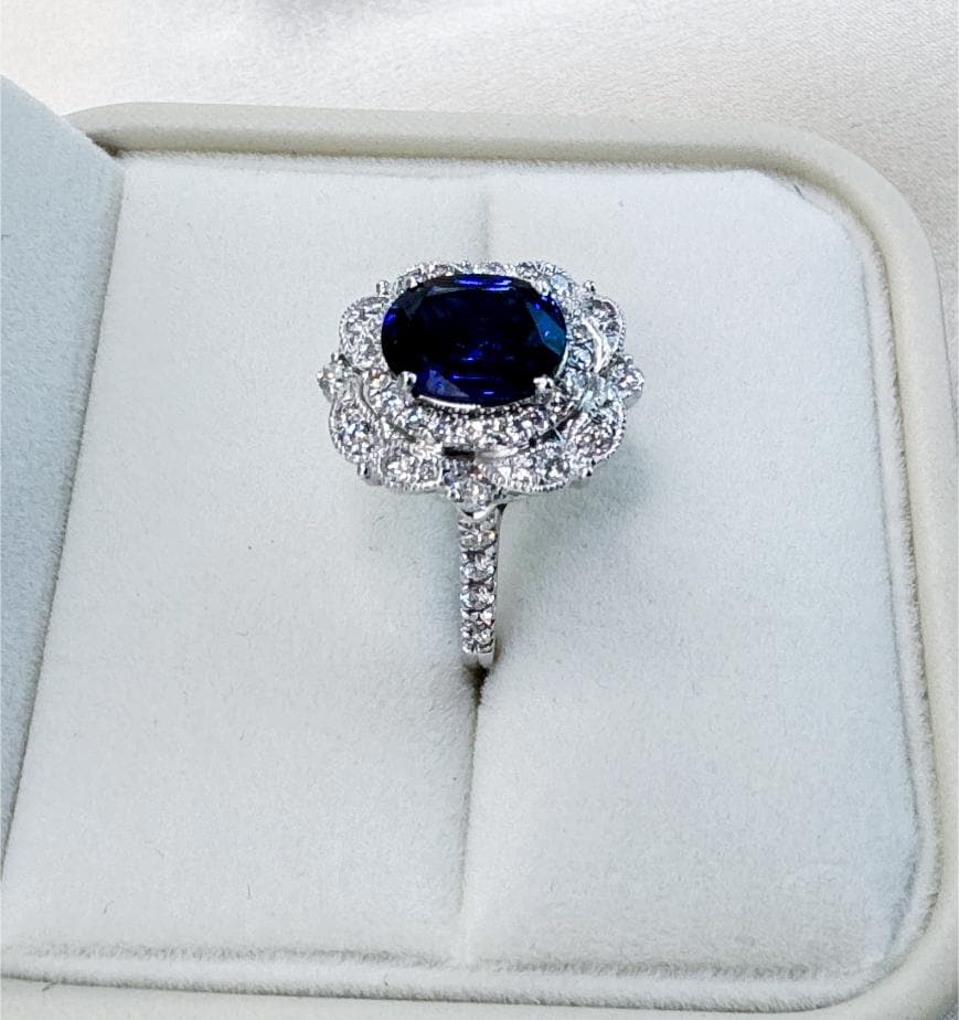 3.72 CTW Sapphire & Diamond Halo Ring | 14K Gold Statement Ring