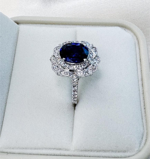 3.72 CTW Sapphire & Diamond Halo Ring | 14K Gold Statement Ring