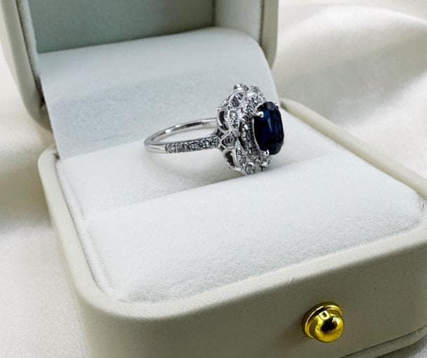 3.72 CTW Sapphire & Diamond Halo Ring | 14K Gold Statement Ring