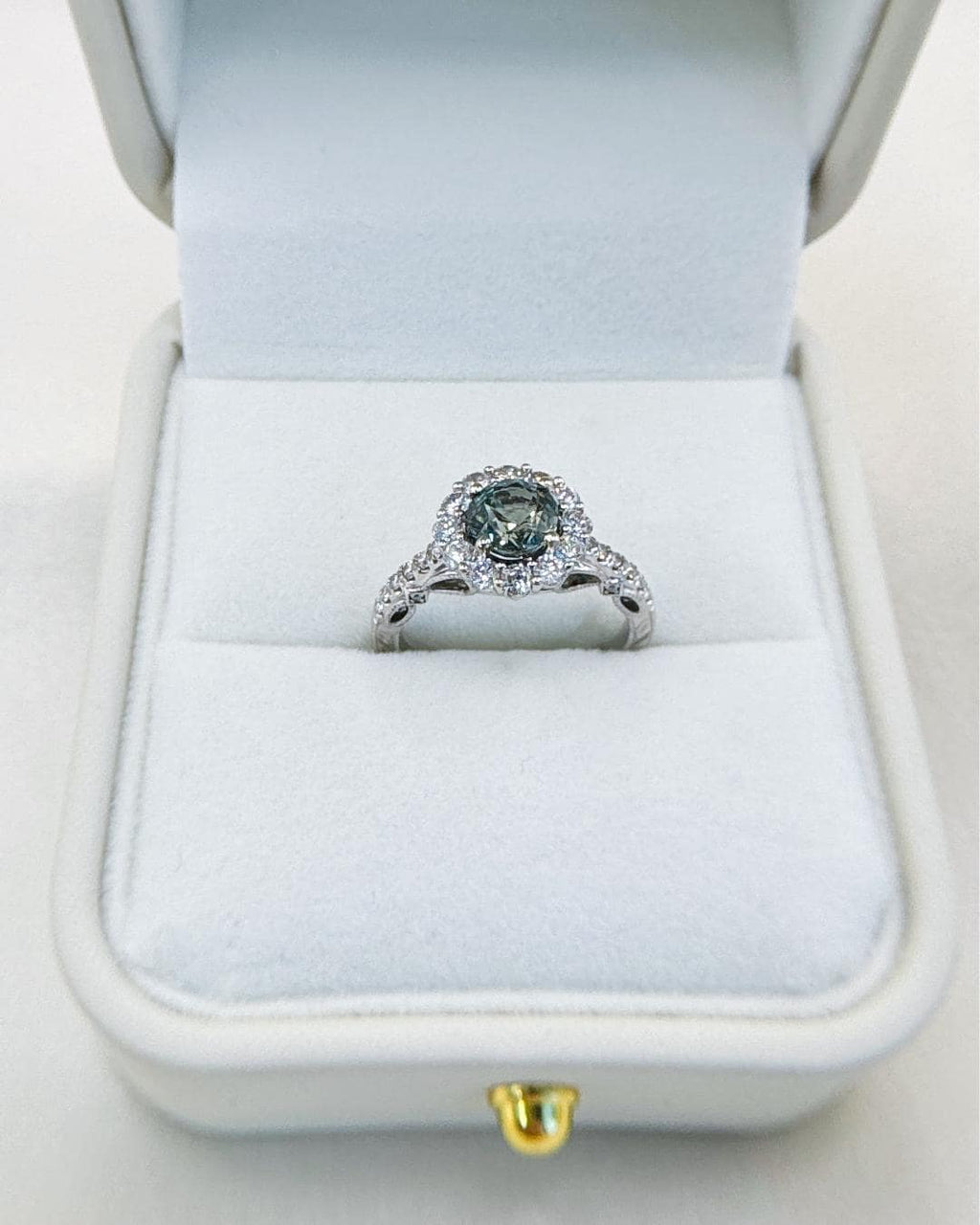 Unheated GIA Color Change Sapphire Ring | 2.18 CTW Natural Sapphire & Diamond Halo Ring